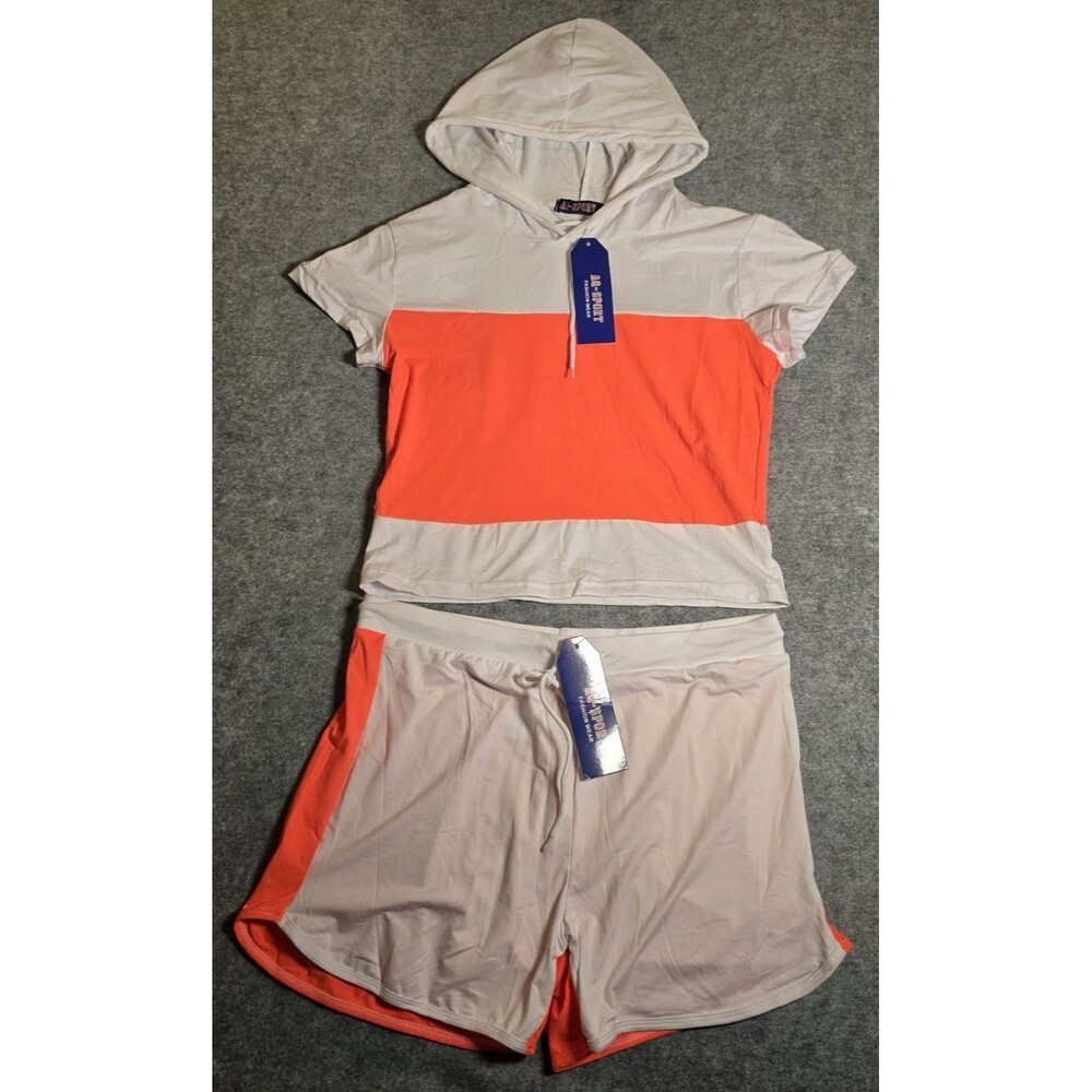 AQ Sport Women’s XL 2 Piece Colorblock Hooded Top Shorts Set Neon Orange